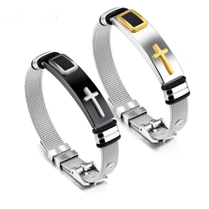 Mens Cross Prayer Strap Bracelets for Woman Stainless Steel Net Watch Band Male Female Unisex pulsera Size Adjustable