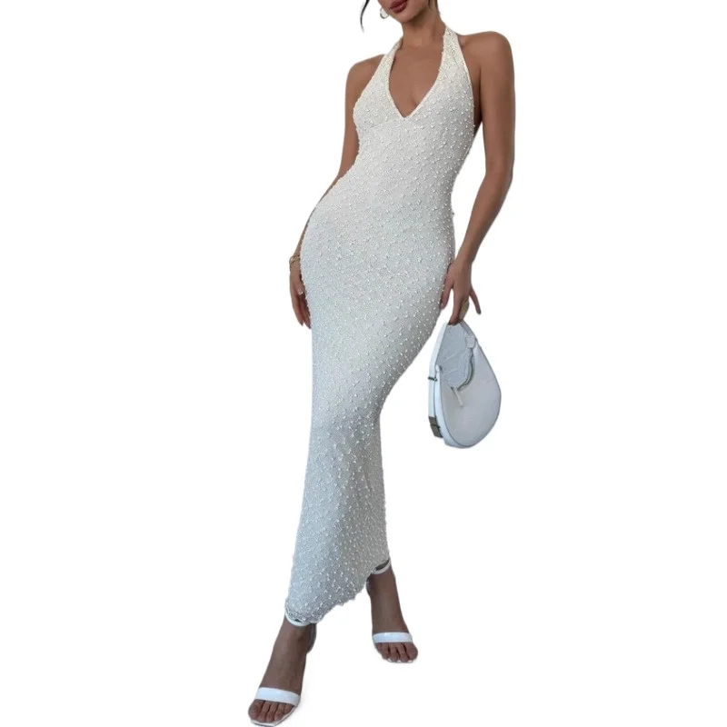 Women's Summer Dress Elegant Fashion Temperament Advanced Elegance Sexy V-Neck Halter Backless Beaded Maxi Dress 2026