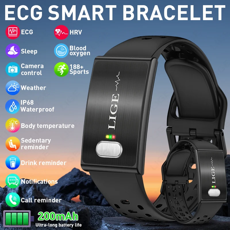 LIGE New ECG Smart Bracelet Heart Rate Monitoring IP68 Waterproof Multifunctional 188+ Sports Modes HRV Smartwatch for Men Women