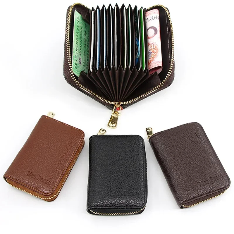 Genuine Leather Men Women Card Holder Small Zipper Wallet Solid Coin Purse Accordion Design rfid ID Business Credit Card Bags