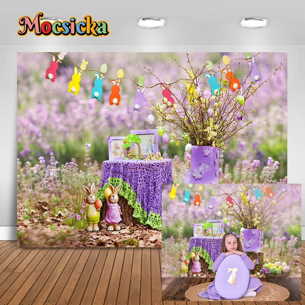 Spring Easter Realistic Photography Backdrop Eggs Bunny Flowers Banner Wooden Doors Greenery Party Dec Backgrounds Studio Props