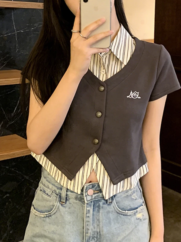 

Summer plus Size Women's Shirt Adorable American Retro College Style Striped V-Neck Top Skin-friendly Breathable Short Sleeve