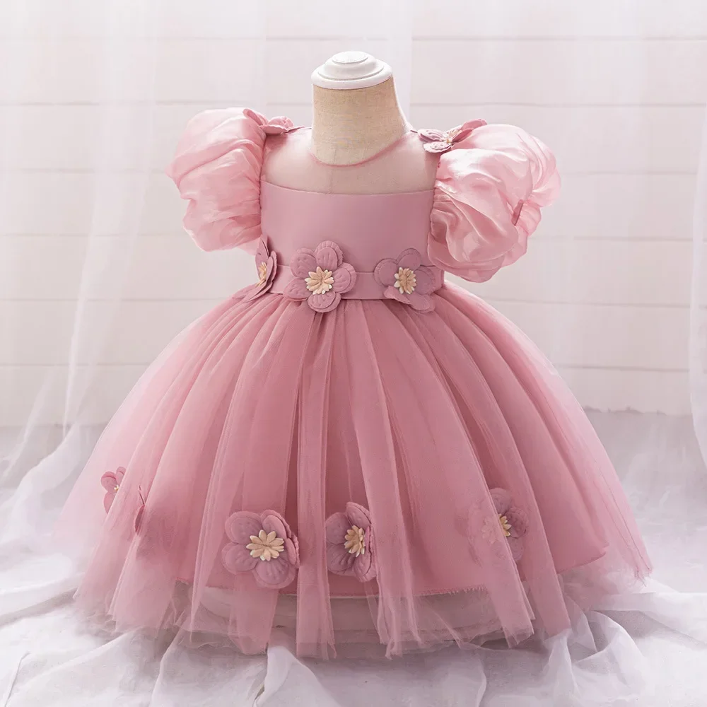 Toddler Girls Party Dress Puff Sleeve Flower Girl Princess Bridesmaid Dresses Tulle Infant Baby 1st Birthday Wedding Gown 0-3Y