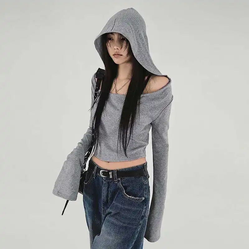 

Y2k Aesthetic Hooded Long Sleeved T-shirt Women Grey Off Shoulder Sexy Top Lazy Retro Hot Girl Swinging Collar Casual Shirts