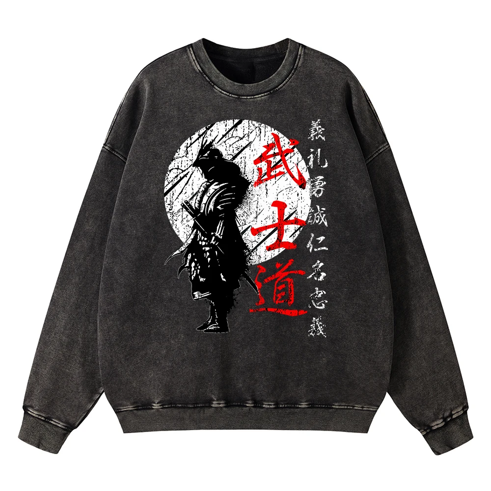 Vintage Distressed Washing Japan Samurai Spirit Bushido Hoodie Men Pullovers Hoody Loose Hip Hop Streetwear Casual Couple Hoodie