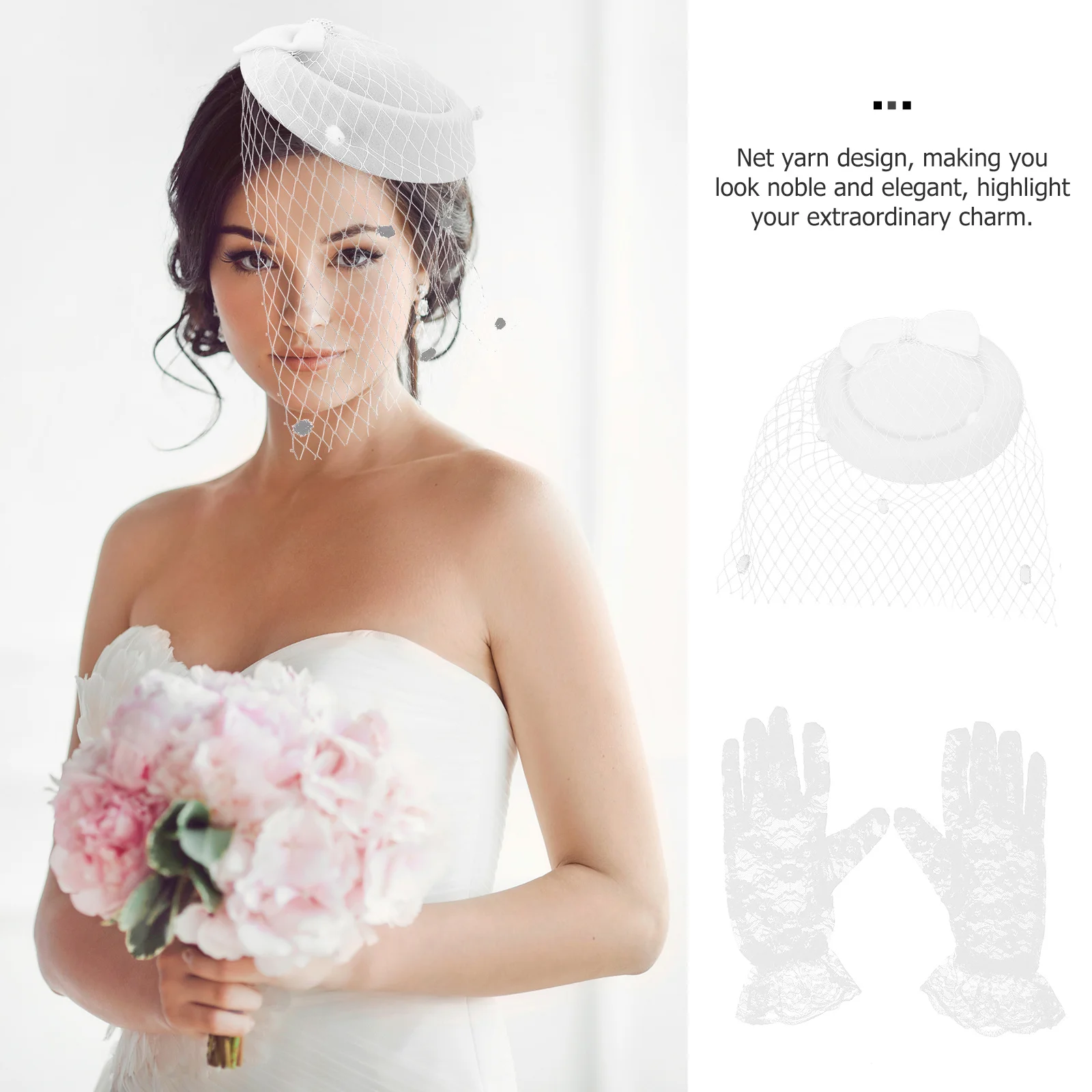 1 مجموعة ريترو ستايل حفلة الحجاب قبعة مع قفازات من الدانتيل مجموعة النساء أغطية الرأس الأنيقة وإكسسوارات اليد للتصوير الفوتوغرافي حفلة تنكرية الكرة #4