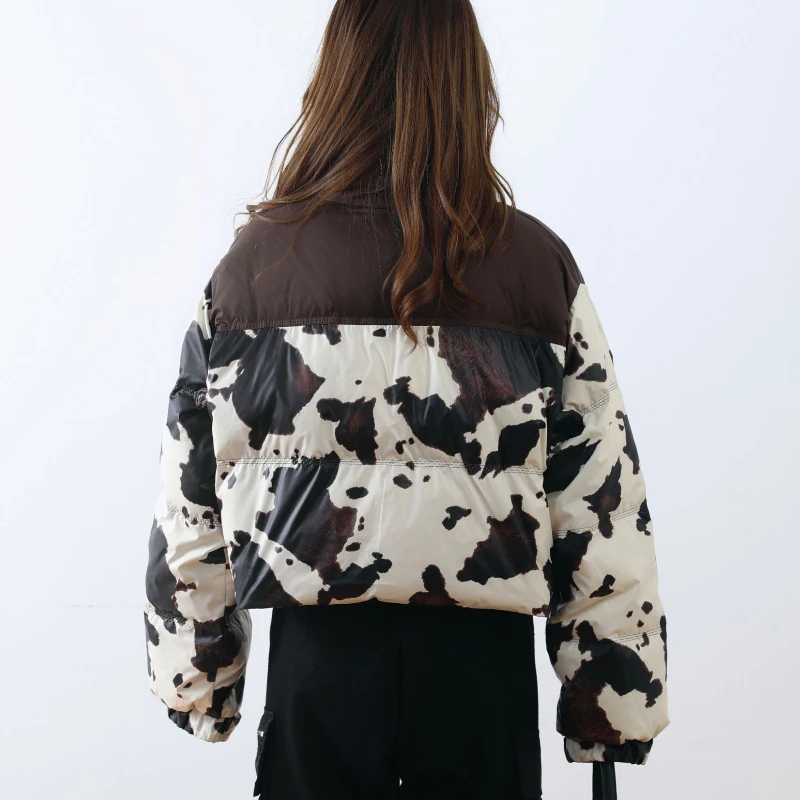 Short Down Jacket for Women, Color Clash, Retro Cow Prints, Trend Outerwears Stand-up Collar Thick Warm Coats Female Winter Coat