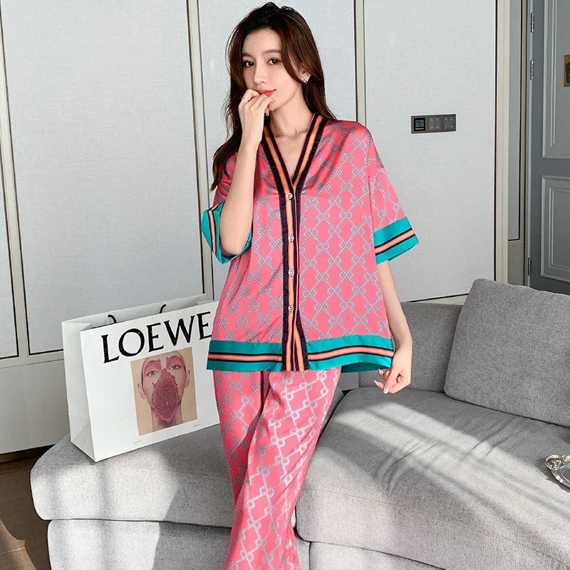 Summer Women's Thin Silk Imitation Pajamas V-neck Short Sleeve Cardigan Casual Home Clothing Set Fashion Printed Sleepwear