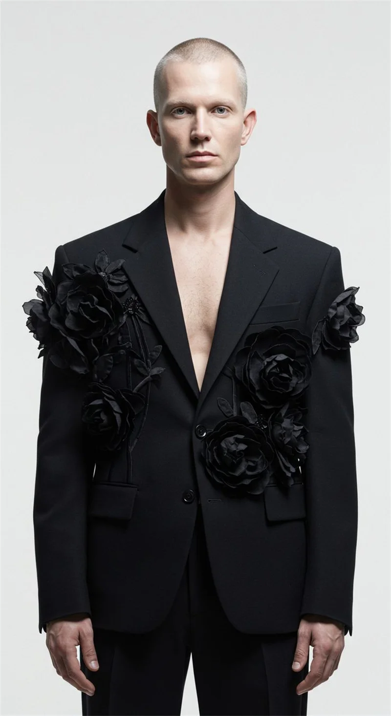 

Black Men Suit Set 2 Pieces Blazer+Straight Pants Trousers 3D Flower Formal Office Cotton Coat Wedding Tuxedo Customized Jacket