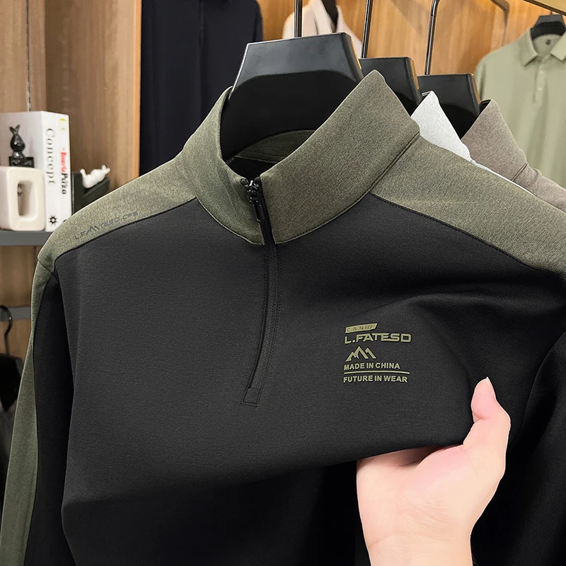 Luxury half zipper stand collar sweatshirt men trend brand letter embossed color blocked long sleeve T-shirt new casual pullover