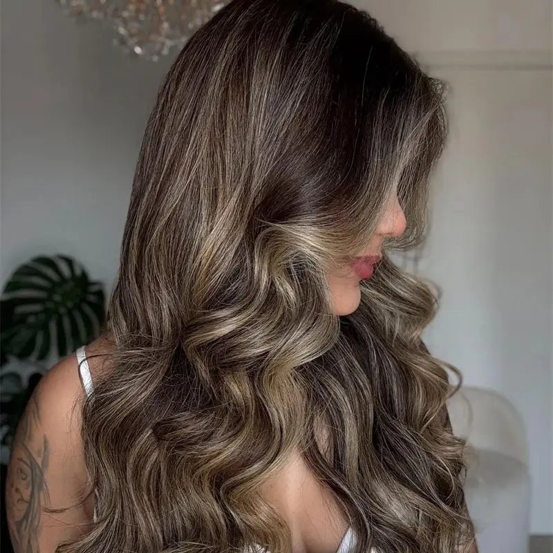 أومبير امرأة سمراء براون يسلط الضوء على الاصطناعية HD الدانتيل الجبهة الباروكات الطبيعية طويلة الجسم موجة شعر مستعار جاهز للشحن المصنع الأصلي شعر مستعار رخيص #2