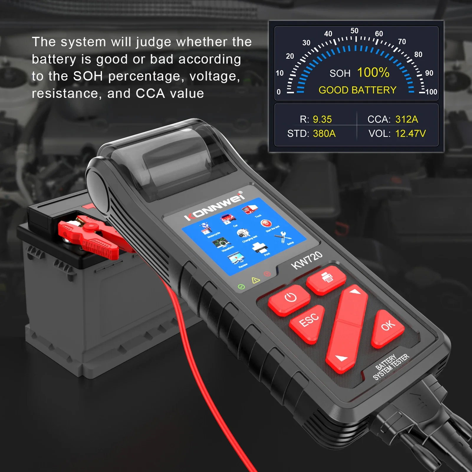 KW720 Car Battery Tester with Intergrated Printer 6V 12V 24V Battery Load Tester Cranking and Charging System Test Scan Tool