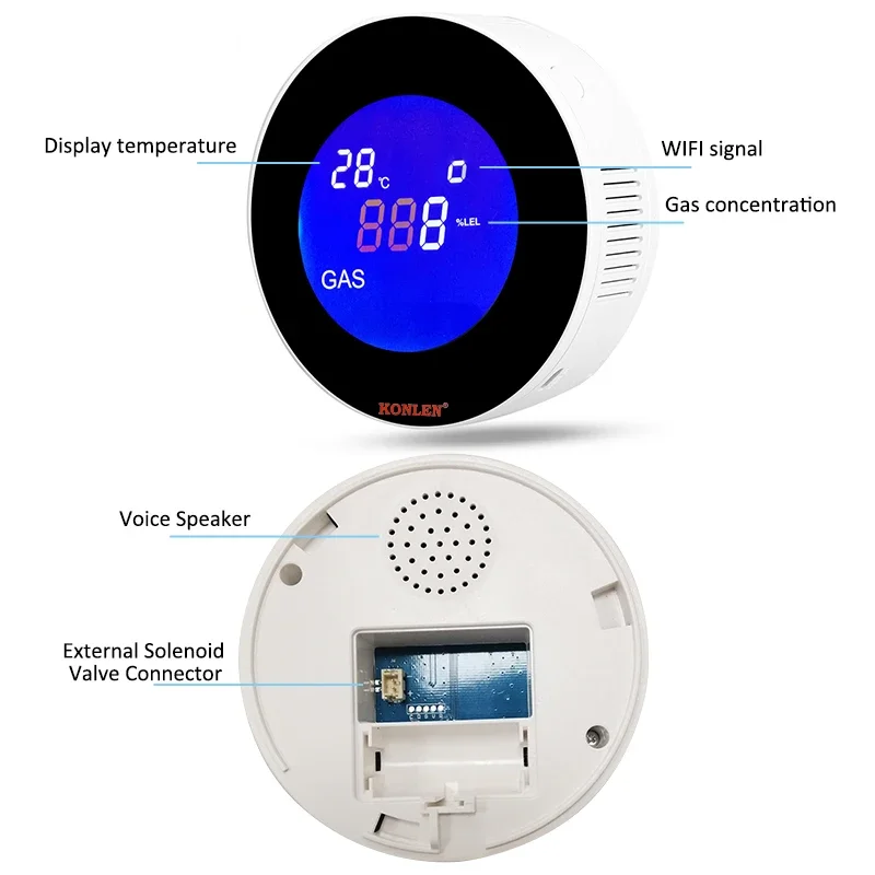 Tuya Wifi Smart Natural Gas Alarm Sensor Combustible Gas Leak Detector LCD Display Smart Life App Message Push Built-in speaker