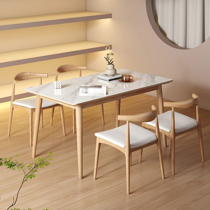 

Solid wood rock slab dining table household small apartment modern simple ash wood rectangular bright white rock slab dining tab
