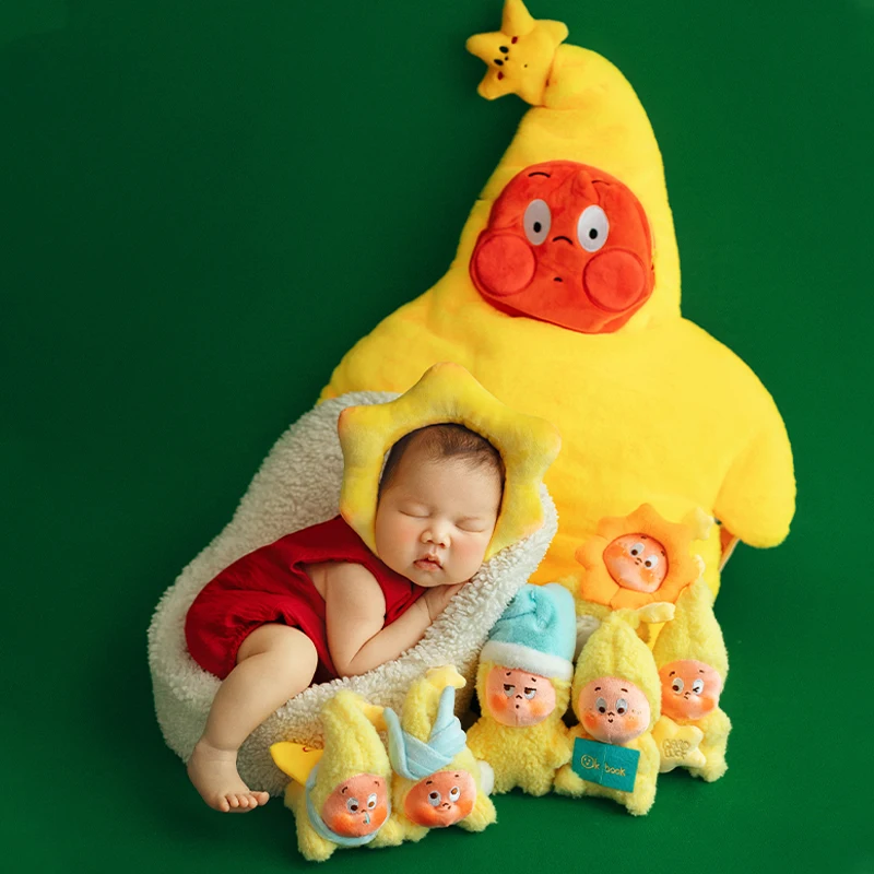 StarMen Theme Newborn Photography Props Baby Red Jumpsuit with Yellow Headpiece Mini Dolls &Happy Letter Decs Photoshoot Outfit