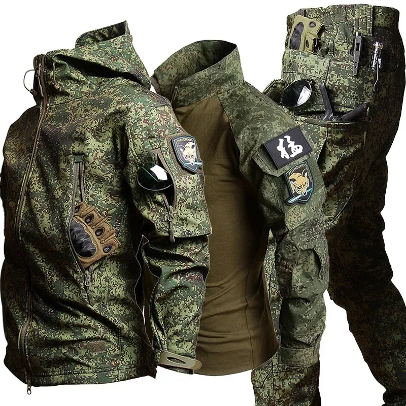 Combinaison de Combat à coque souple, uniforme militaire, vestes militaires, haut à capuche + pantalon Cargo respirant à manches longues, ensembles de chasse multi-poches pour hommes