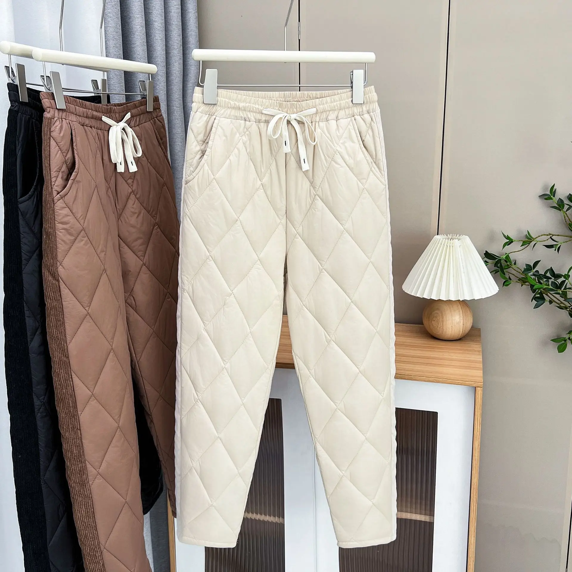 Winter 100kg Casual Argyle Padded Thick Harem Pants Plus Size Women's Warm Quilted Bottoms