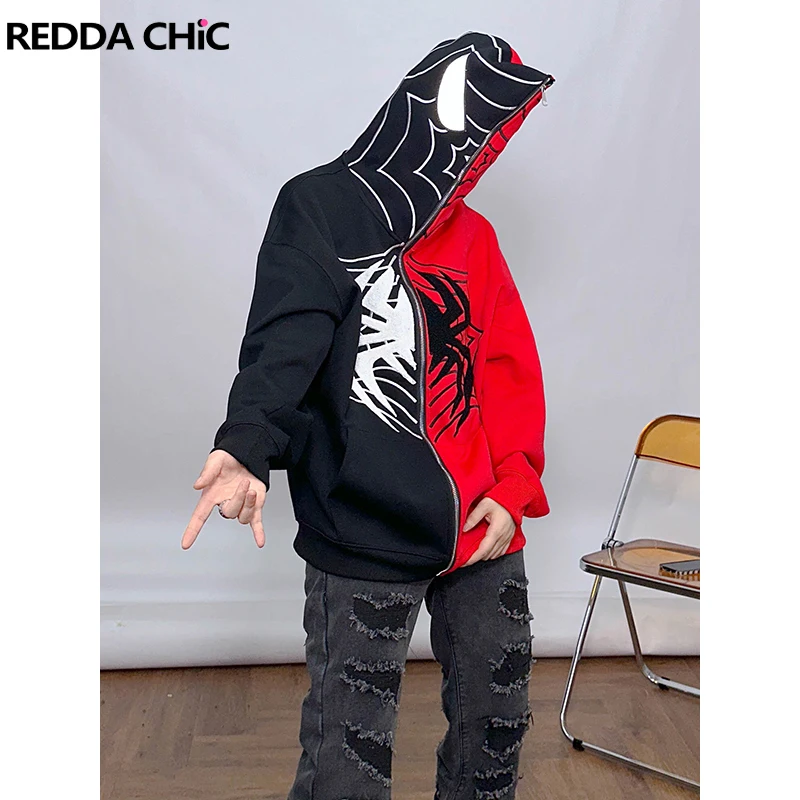 

ReddaChic Women Bicolor Patchwork Spider Friends Sweatshirt Zip-up Long Sleeves Oversize Hooded Hoodies Y2k Harajuku Streetwear