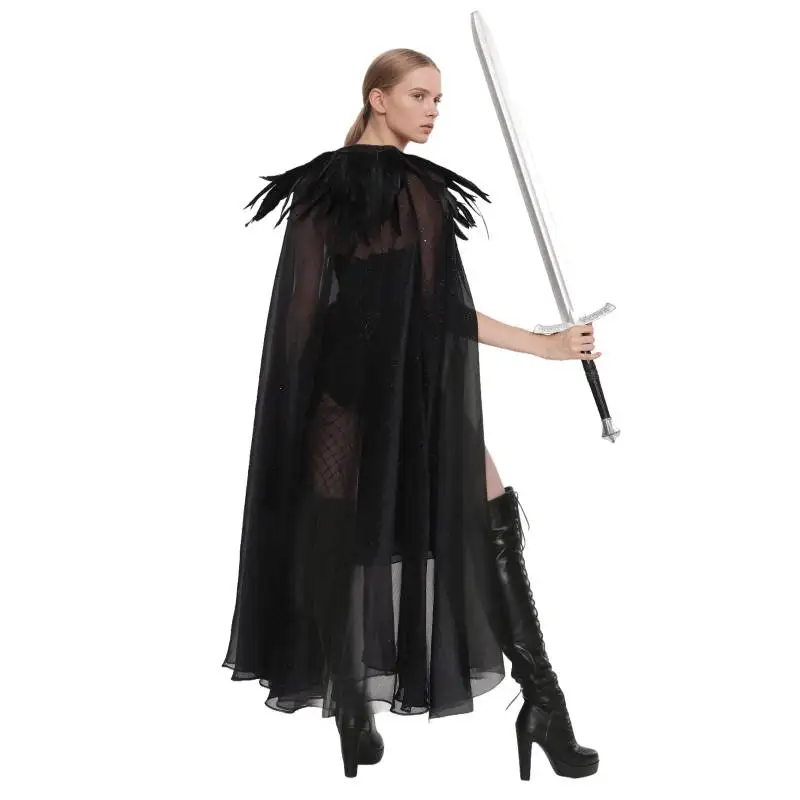 

WENAM New Sexy Velvet Cloak Women's Gothic Cloak with Feather Collar Vampire Witch Tulle Cape Halloween Cosplay Costume IN STOCK