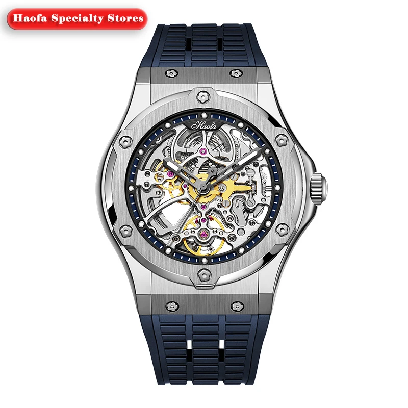 

Haofa 1913 automatic skeleton mechanical men's watch, stainless steel case, sapphire crystal, rubber strap, waterproof 50 meters