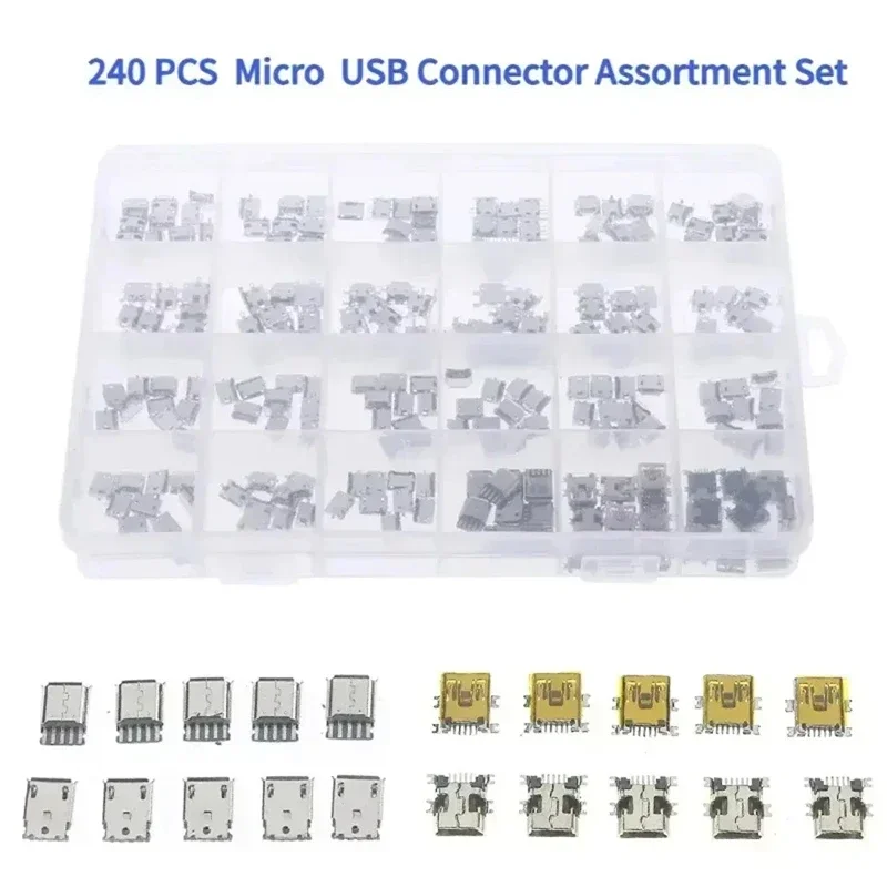 60/120/240PCS Micro USB Connector Socket Jack Connectors Jack Set Connectors for Samsung SMD DIP Socket Sample Kit