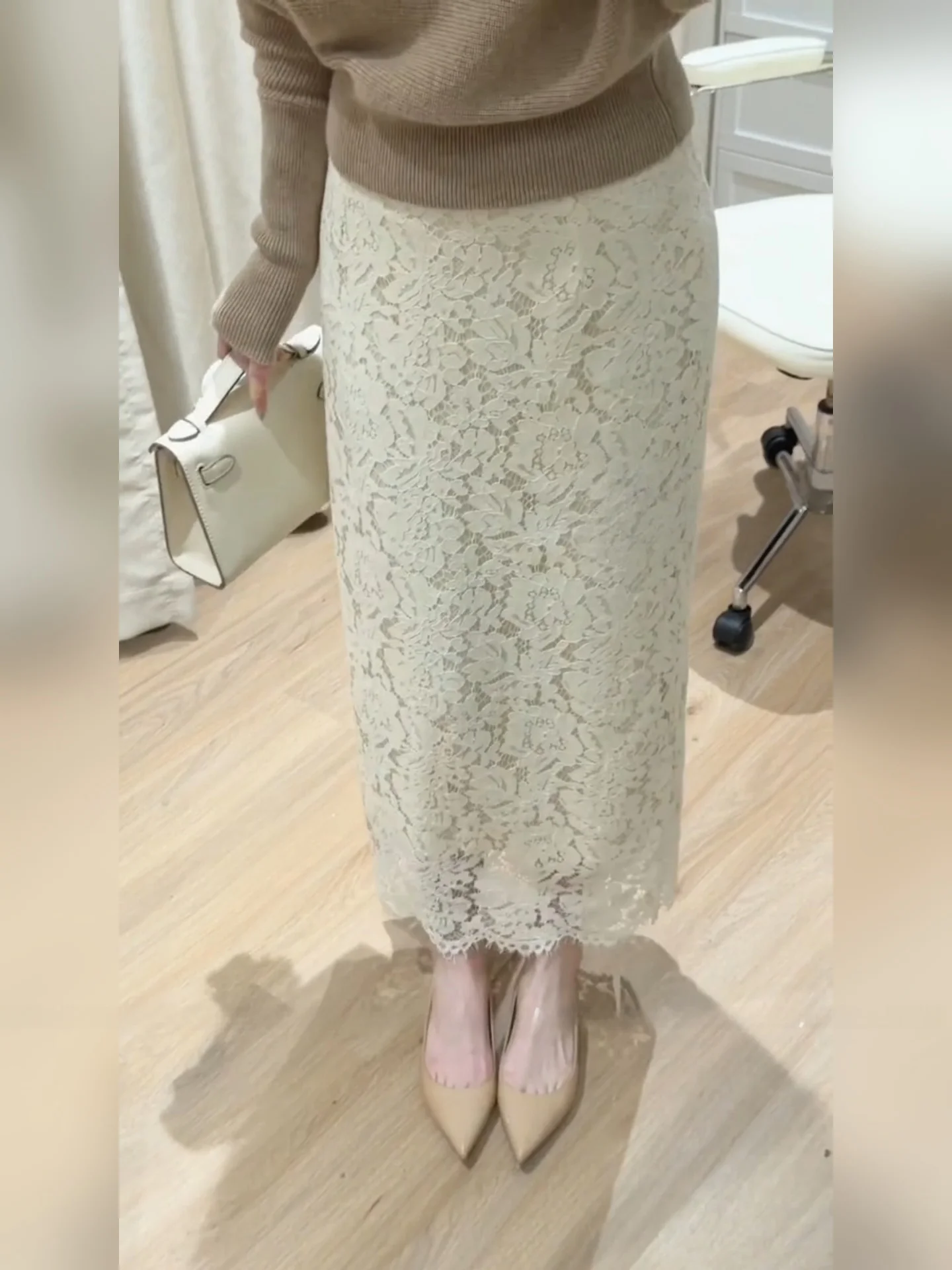 White Lace A-Line  Skirt Women's Spring Autumn Slimming Long Skirts French Style Casual Polyester Fiber Standard Fit
