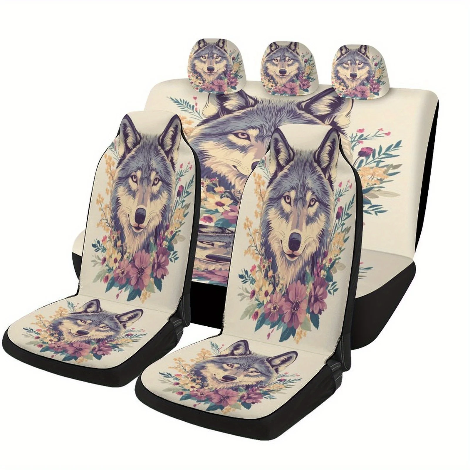 

Wolf With Flowers Themed Car Seat Cover Set For Most Cars, Fashion Personalized Novelty Car Seat Protector Covers Full Set, Univ