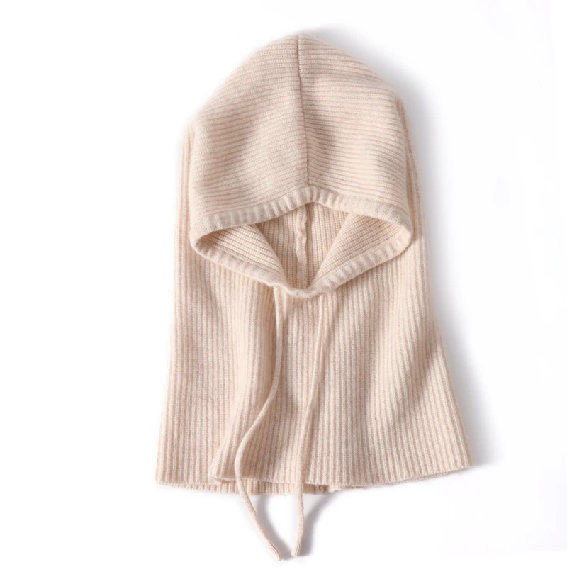 100%Wool Benies For Women Winter Knitted Neck Face Protect Balaclave Hat Warm Soft Cashmere Hooded Hat Drawstring Skullies Men