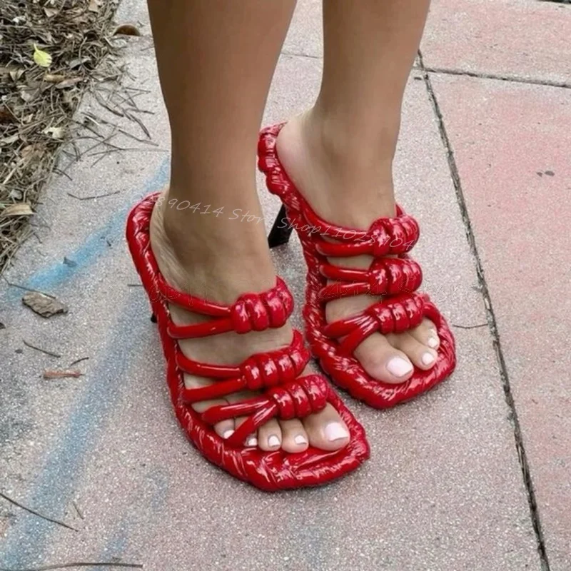 Black Knitted Leather Knot Strange Style Heels Slippers Slip On Women Shoes Open Toe Sexy Party Runway 2024 Zapatos Para Mujere