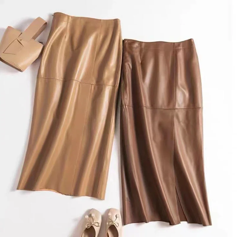 2025 ฤดูใบไม้ผลิใหม่ของแท้หนังกระโปรงผู้หญิงStreetwearเอวสูงSlit 85 ซม.ยาวJupeสีกากี/สีดําWrap Saia Longa
