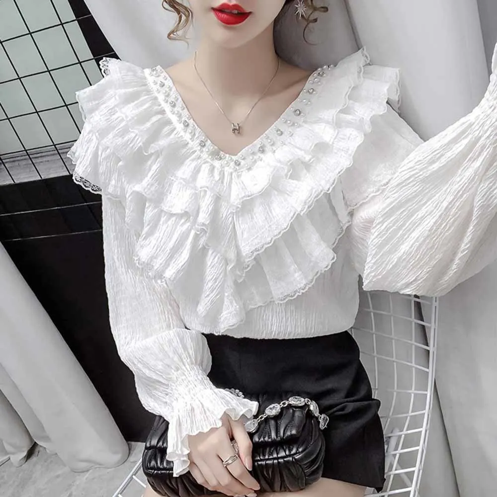 Lente Nieuwe Stijlvolle Lace Ruffle Stiksels Blouse Vrouwen V-hals Dames Shirt 2022 Fall Lantaarn Lange Mouwen Koreaanse Vintage Top