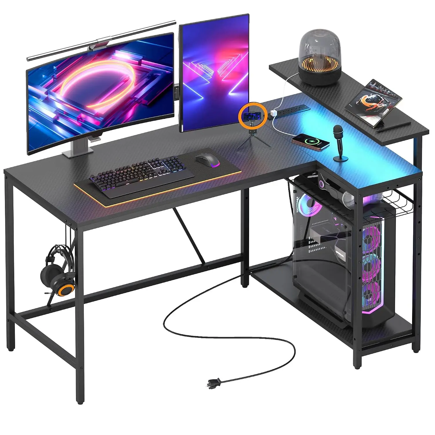L-Shaped Gaming Desk with Charging & LED, 52 Inch, Black, Customized