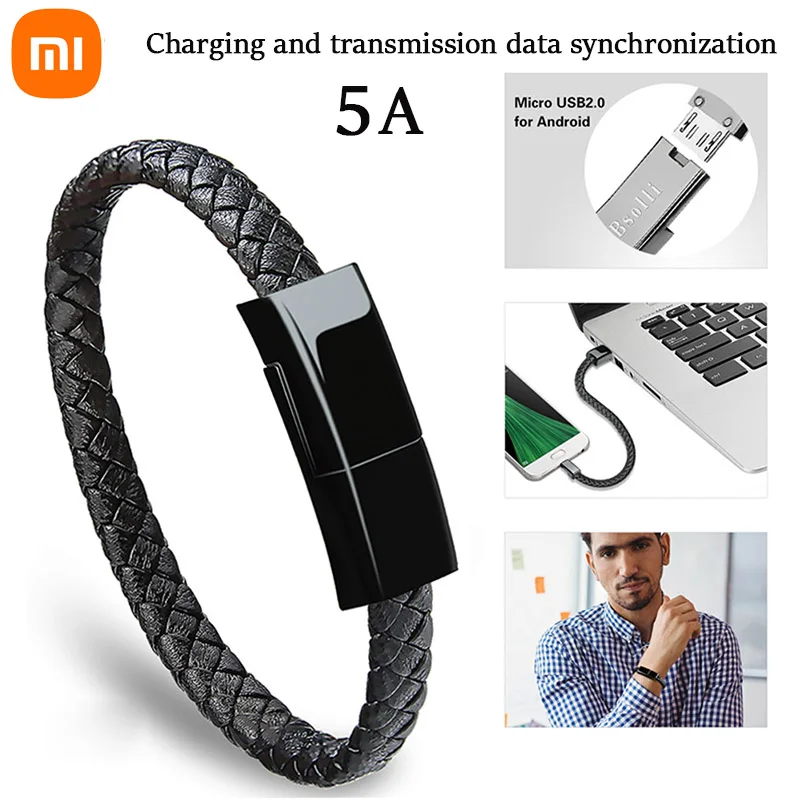 Xiaomi Bracelet USB Fast Charging Data Cable Type-C Bracelet Alloy Leather Wrist Strap iPhone Samsung Huawei Charging Cable