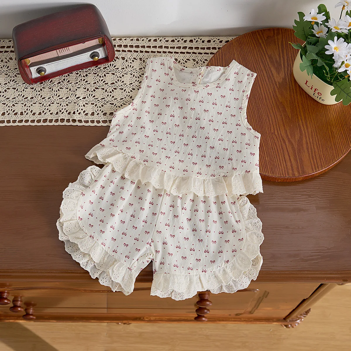 Korean Version of Children's Clothing 2025 Summer Girls Bow Printing Sleeveless Suit Baby Small Fresh Suit Top Short
