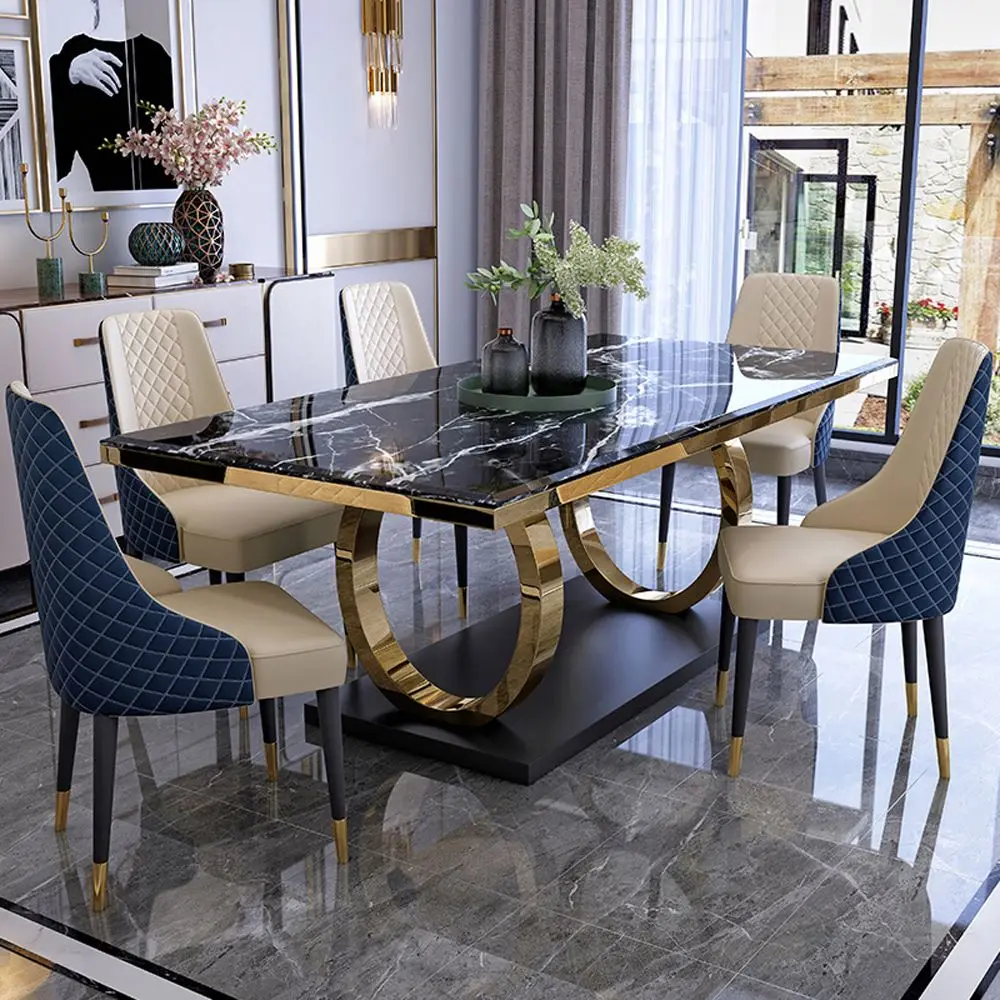 

Modern Rectangular Luxury Marble Dining Table Set with Chairs Stainless Steel Base Hot Sale in Dining Room Furniture