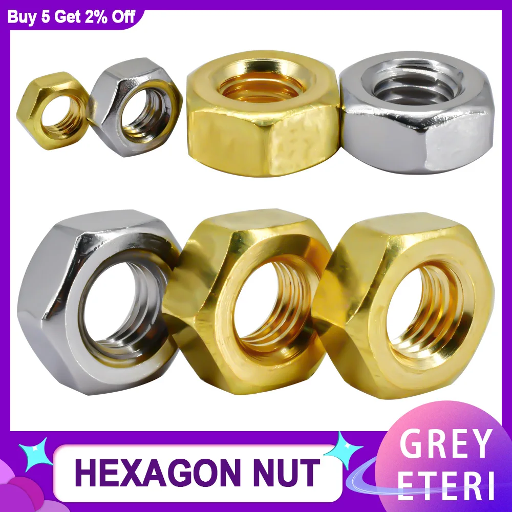 304Stainless Steel/Solid Brass Copper Hexagon NutM1M1.2M1.6M2M2.5M2.6M3M3.5M4M5M6M8M10M12M14M16M18M20M24Screw Bolt Metric Thread