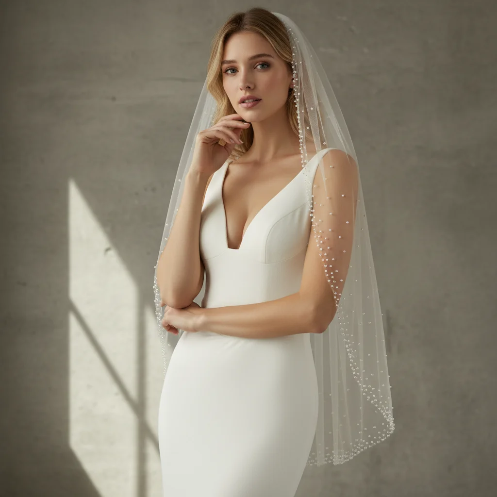 Véu de casamento romântico com bolinhas de pérola, véu de casamento gracioso com design leve e sutil frisado g40