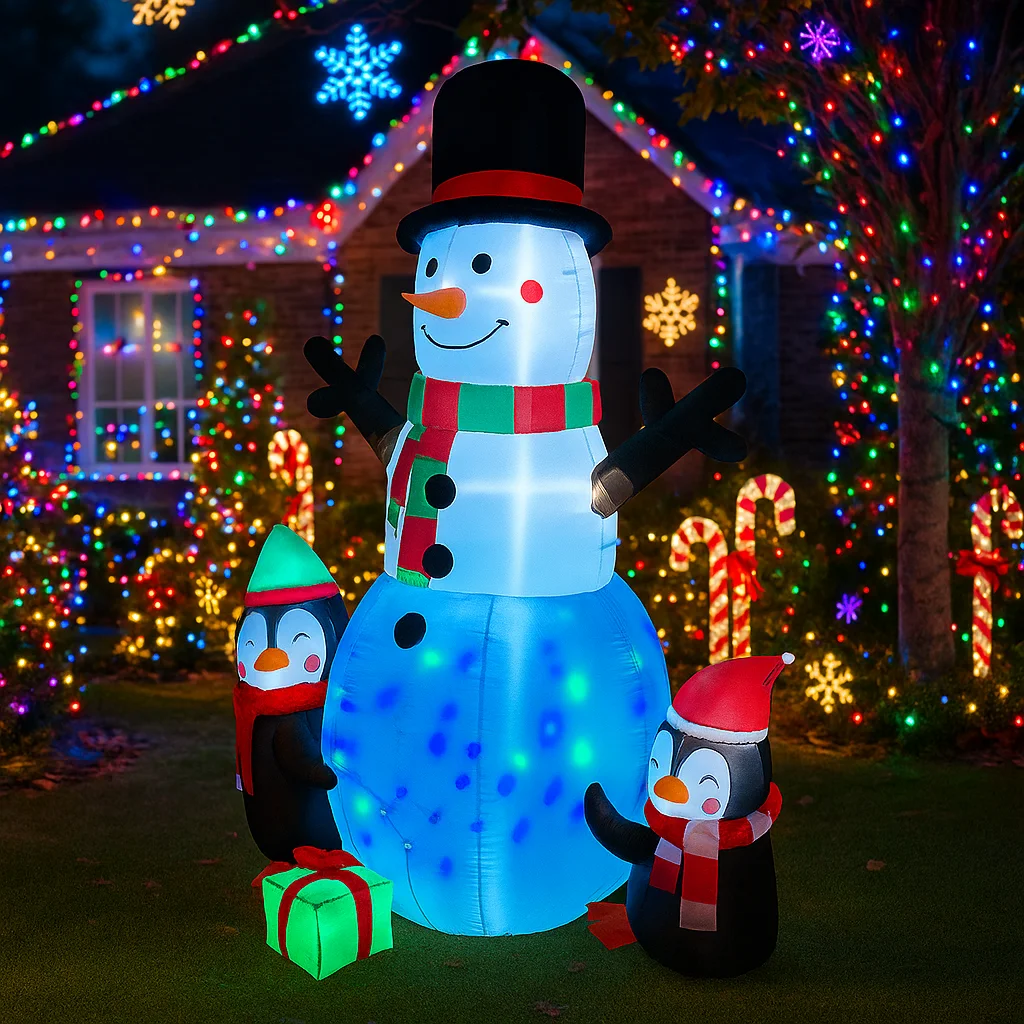 5.9FT Snowman Penguins Gift Box Inflatable Christmas Decorations Xmas Ornaments Lights Home Yard Holiday Outdoor Holiday Decor