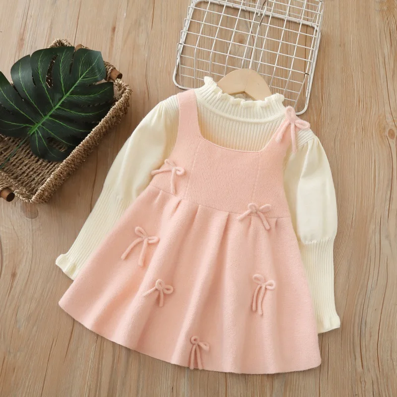 

2025Girls' Autumn Winter New Sweater Bowknot Strap Shirt and Suspender Dress Two-Piece Set