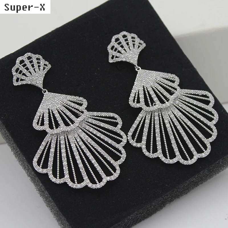 

fashion cubic zirconia earrings for women shiny jewelry silver gold color shell fan shape large earrings gala event dinner party