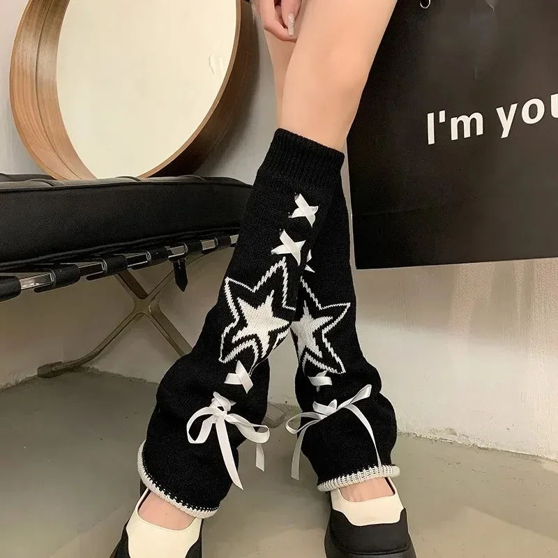 Y2K Knitted Leg Warmers for Girls Autumn JK Lolita Style Drawstring Five-Pointed Star Wide Leg Socks Subcultural Warm Socks with
