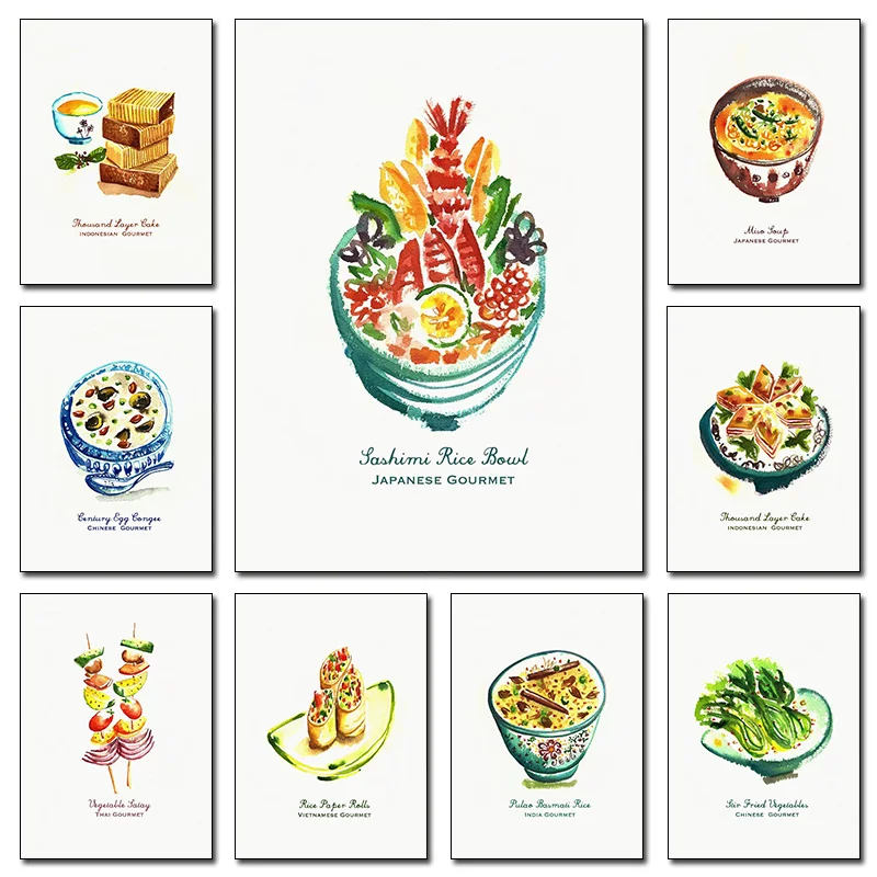 India Food Series Layer Cake Vegetable salad Century Egg Porridge Art Poster Canvas Paint Wall Print Pictures Kitchen Home De