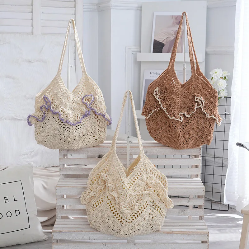 

Women's Handmade Woven Shoulder Bag Hollow Out Design Tote Bag Minority Style Beach Vacation Handbag