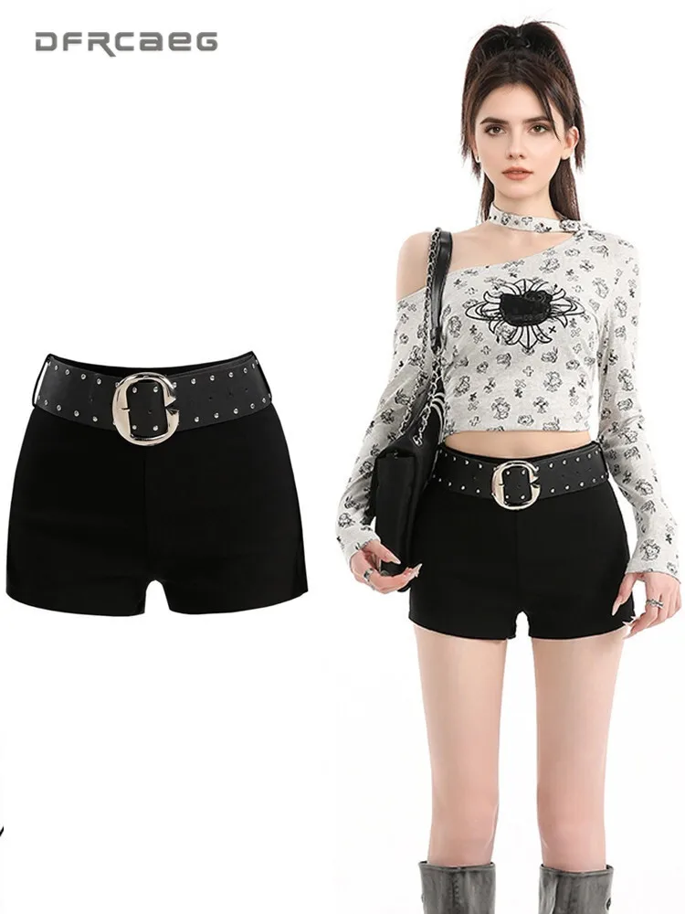 High Waisted Hot Girl Elastic Black Sexy Hot Short Pants For Woman Autumn Winter Streetwear Slim Boot Shorts‌‌ With Belt