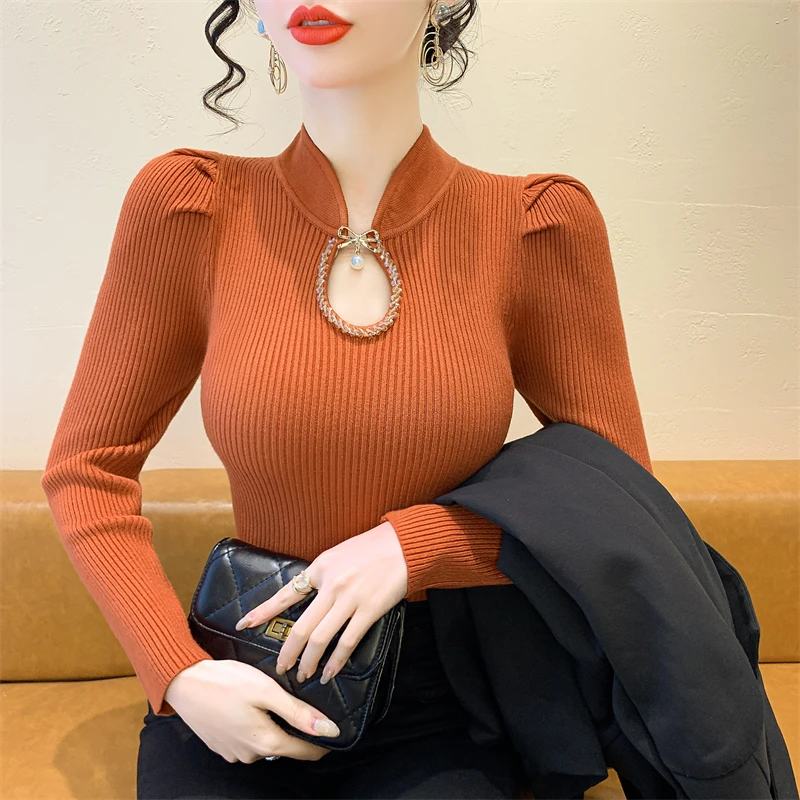 

2025, новинка, европейская, одежда, вязаный, свитер, женский, шикарный, сексуальный, подставка, блестящий, бисер, рукав-пуф, нижняя рубашка, топы, 51008