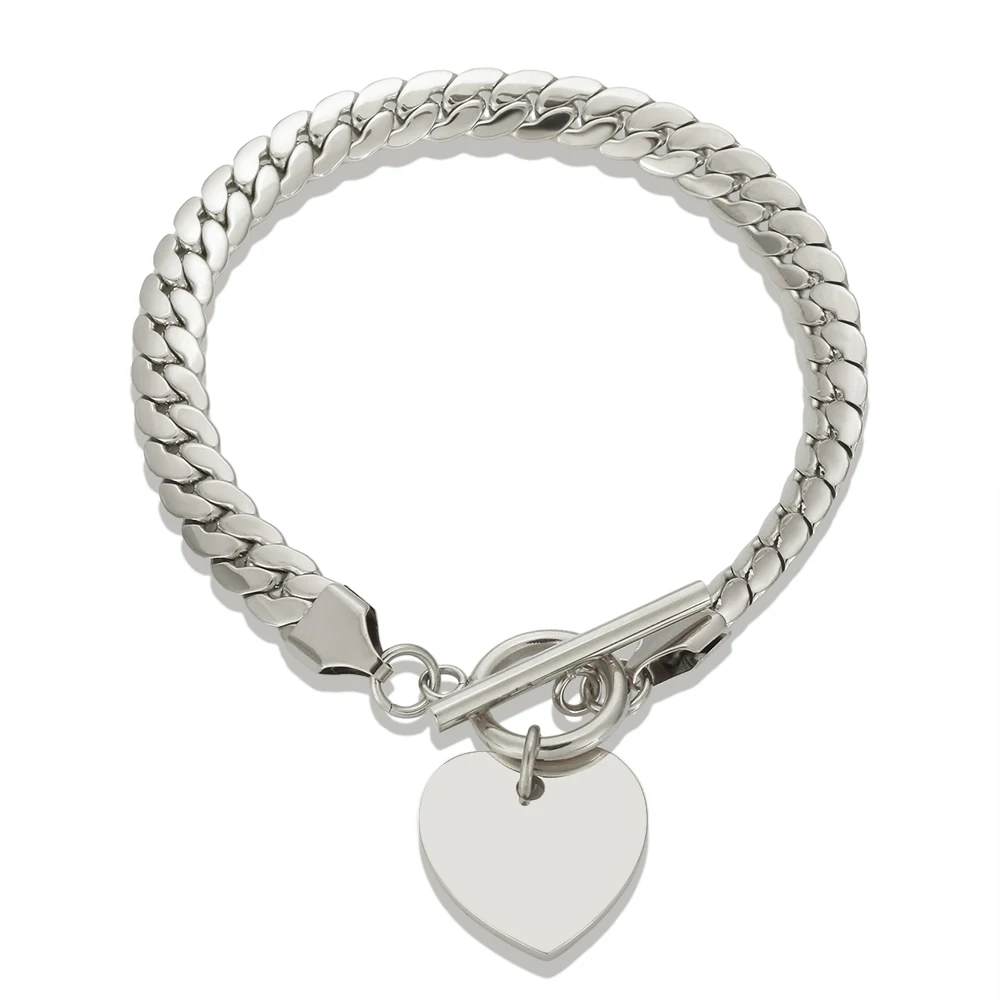 Bracciale con ciondolo a forma di cuore con ciondoli, catena a maglie cubane in acciaio inossidabile per le donne, commercio all\'ingrosso di