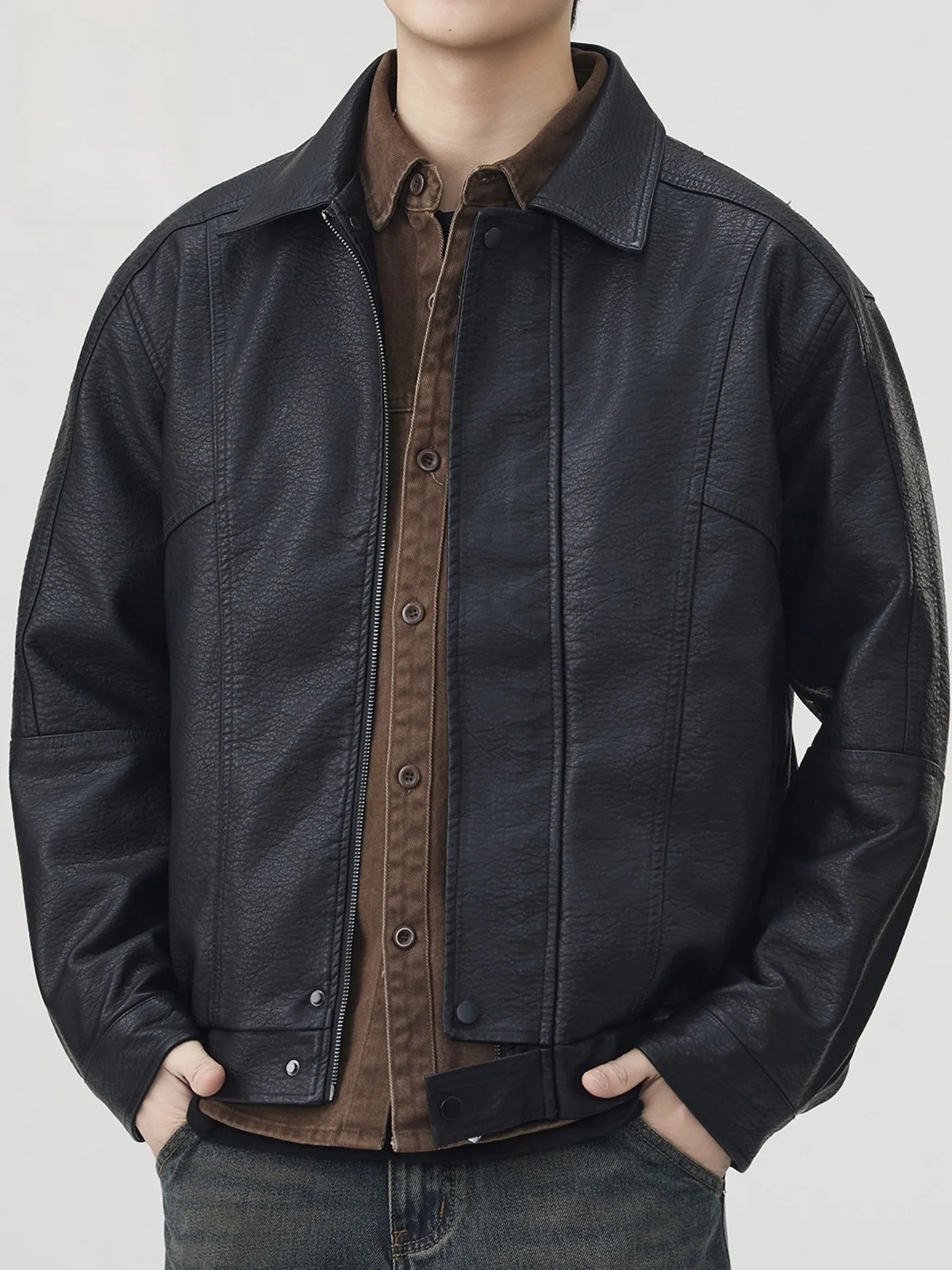 Rn American Sle PU Leather Jaet Men's Autumn Winter New Faion Loose Casual Retro Motorcycle Collar Jaet Coat