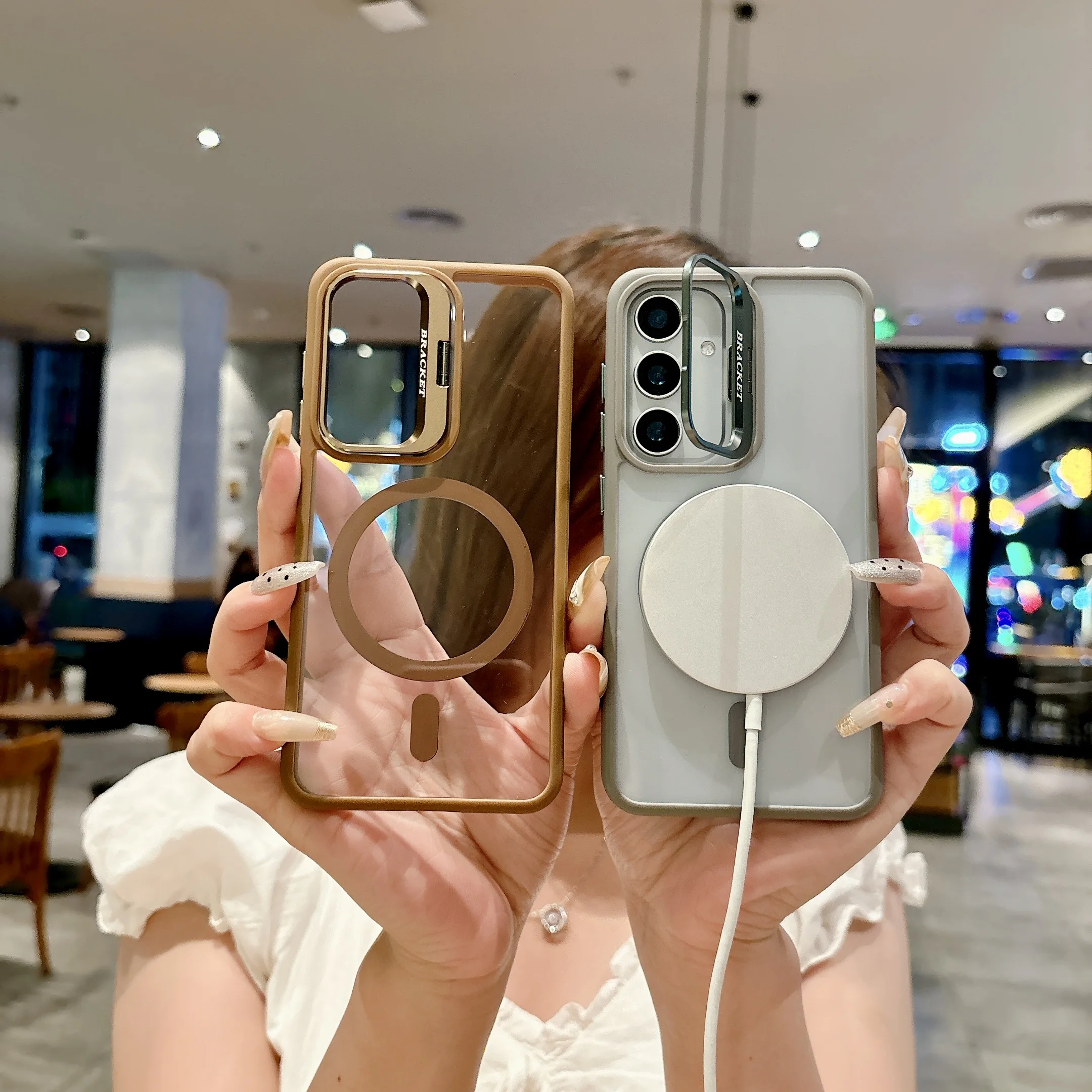 Klare, einfarbige Linsenständer-Magnetlade-Telefonhülle für Magsafe Samsung Galaxy S25 Ultra S24 Plus S23 FE 5G Schutzhülle