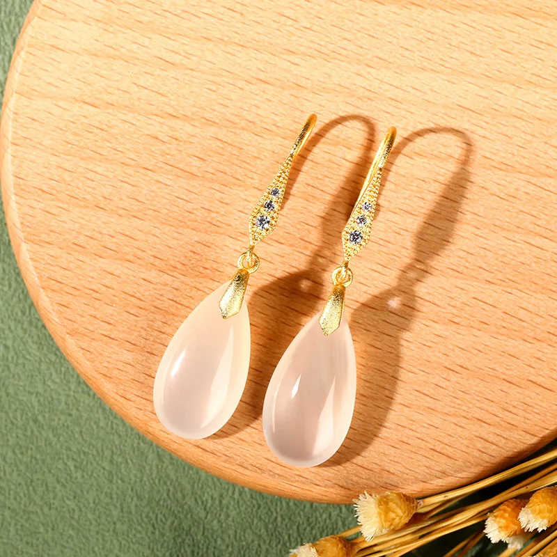 Chinese Style Hanfu Matching 925 Sterling Silver Post Vintage Teardrop Chalcedony Agate Dangle Earrings For Women Daily Party