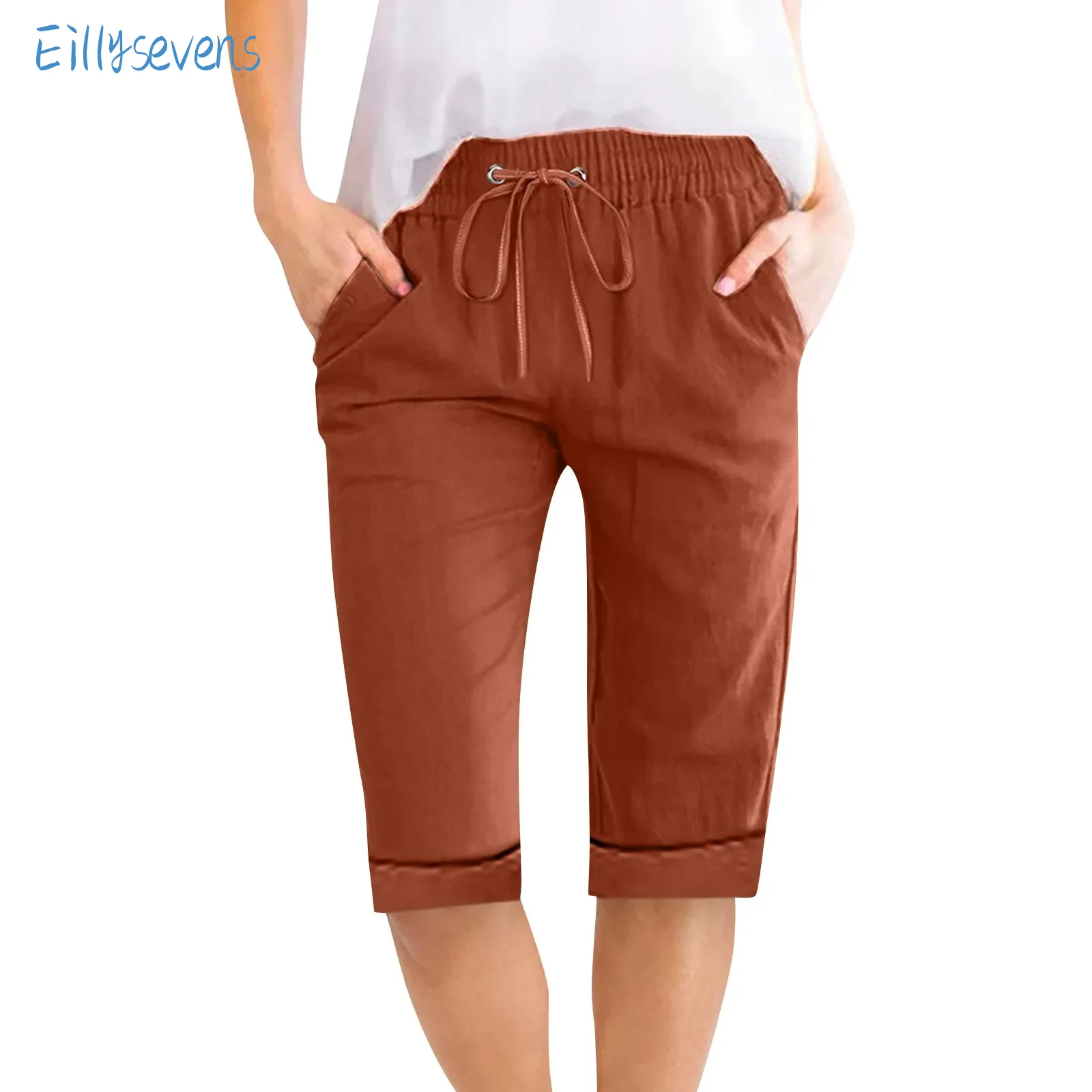 Women Solid Shorts Drawstring Elastic Waist Cotton Linen Casual Straight Fitting Pants With Pockets Cargo Style Five Point Pants